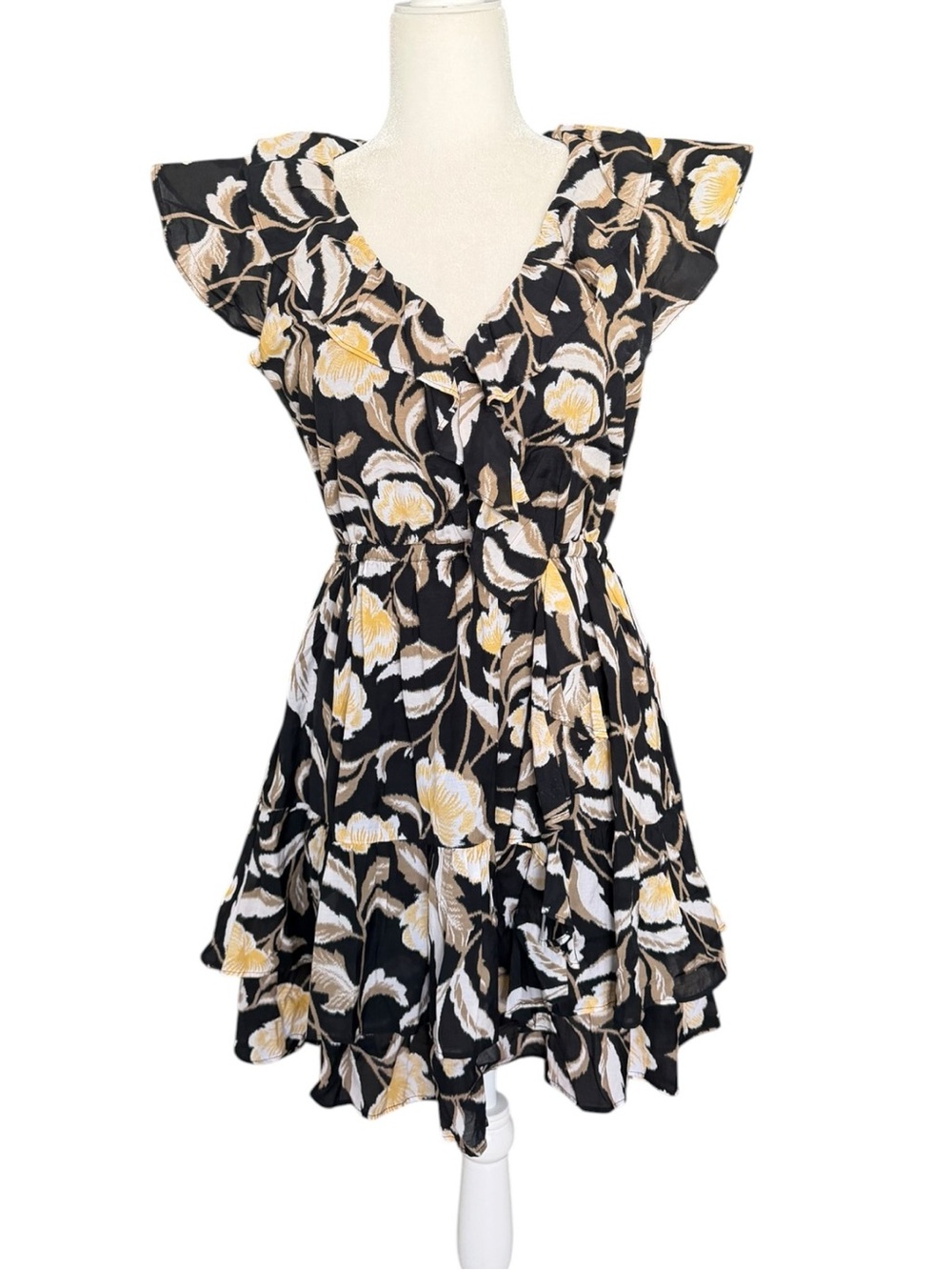 Feminine Black Floral Cap Ruffle Sleeve Mini A-Dress V-neck